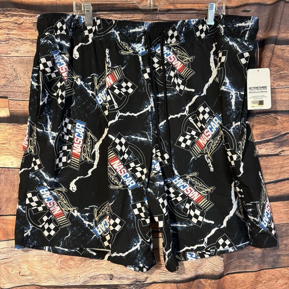 NASCAR Men’s 3XL Swim Board Shorts Black Lightning All Over Print Racing Trunks